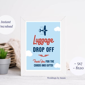 Luggage Drop Off 4x6, 5x7, 8x10 Printable Airplane Birthday Party Sign, Thank You for Cards and Gifts, Navy Blue, Light Blue, Red, You Print image 2