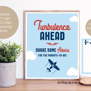 Turbulence Ahead Advice for Parents-to-be 5x7, 8x10 Printable Boy's Airplane Baby Shower Sign & Advice Cards Navy Blue, Light Blue, Red image 1