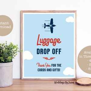 Luggage Drop Off 4x6, 5x7, 8x10 Printable Airplane Birthday Party Sign, Thank You for Cards and Gifts, Navy Blue, Light Blue, Red, You Print image 1