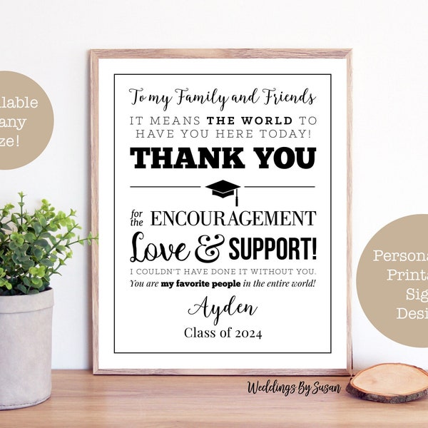 To My Family and Friends Graduation Printable 8x10 Thank You Sign, Black and White, Personalized, Class of 2024, High School or College