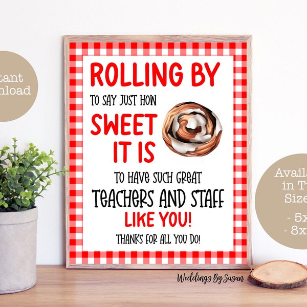 Rolling By Printable 5x7, 8x10 Cinnamon Roll Sign Teacher & Staff Appreciation, Red Gingham How Sweet It Is, School PTA PTO Instant Download