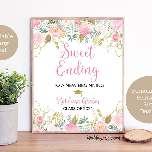 Sweet Ending to New Beginning Personalized Printable Graduation Candy Bar Sign, Any Size, Blush Pink Gold Watercolor Floral, Class of 2024