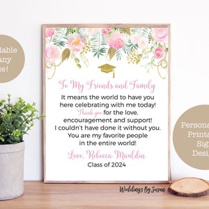 To My Family and Friends Personalized Printable Graduation Party Thank You Sign, 5x7 or 8x10 Blush and Gold Watercolor Floral Class of 2024