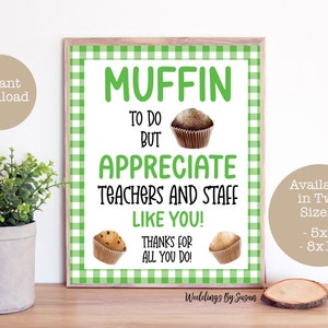 Muffin To Do Printable 5x7, 8x10 Sign Teacher Appreciation, Green White Gingham Teacher and Staff Breakfast School PTA PTO Instant Download