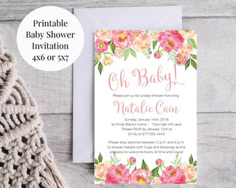 Coral Peonies 4x6, 5x7 Custom Printable Girl's Baby Shower Invitations - Oh Baby Coral and Pink Peonies Floral Invites