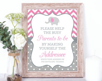 Help Busy Parents-to-Be 5x7, 8x10 Printable Write Your Address Elephant Baby Shower Sign Pink and Gray Chevron Polka Dots, Instant Download