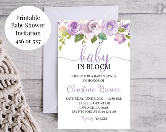 Lavender Bouquet 4x6, 5x7 Custom Printable Baby in Bloom Baby Shower Invitations, Purple and Lavender Watercolor Roses, You Print