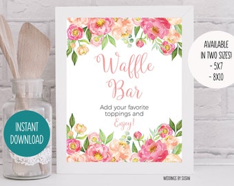 Waffle Bar 5x7, 8x10 Printable Baby Shower Sign, Coral and Pink Watercolor Peonies, Birthday, Bridal Shower, Wedding, Instant Download