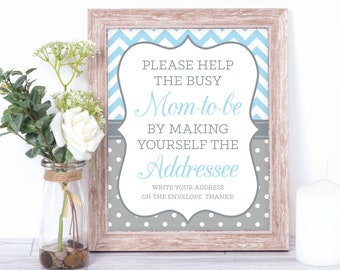 Help the Busy Mom-to-Be 5x7, 8x10 Printable Write Your Return Address Baby Shower Sign, Light Blue Gray Chevron Polka Dots - Digital