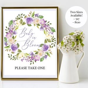 Lavender Bouquet Baby in Bloom 5x7, 8x10 Printable Girl's Baby Shower Sign, Seed or Plant Favors, Purple Lavender Watercolor Roses Wreath