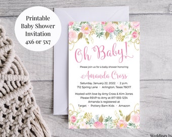 Oh Baby 4x6 or 5x7 Custom Printable Girl's Baby Shower Invitations, Blush Pink and Gold Watercolor Floral, Baby Sprinkle, You Print