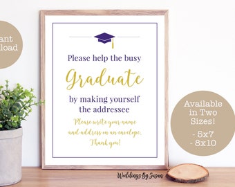 Graduation Party 5x7, 8x10 Printable Sign, Address an Envelope, Purple and Gold, Class of 2024, High School or College, Instant Download