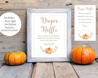 Diaper Raffle 8x10 Printable Baby Shower Sign and 3x5 Invitation Inserts, Raffle Tickets, Pumpkins and Autumn Leaves, Instant Download