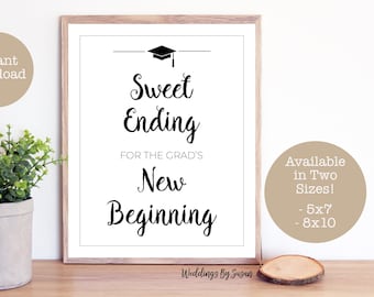 Sweet Ending to New Beginning Graduation Party 5x7, 8x10 Printable Sign, Black Marker, Black and White, Dessert, Class of 2024, You Print