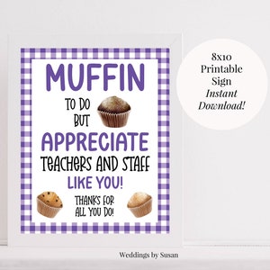 Muffin To Do Printable 8x10 Sign Teacher Appreciation, Purple and White Gingham Teacher and Staff Breakfast School PTA PTO Instant Download