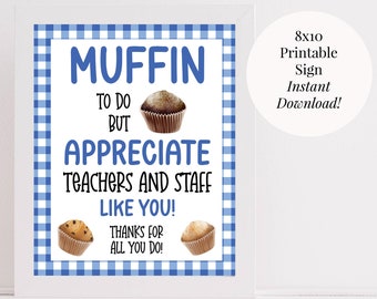 Muffin To Do Printable 8x10 Sign Teacher Appreciation, Blue White Gingham Teacher and Staff Breakfast School PTA PTO Instant Download
