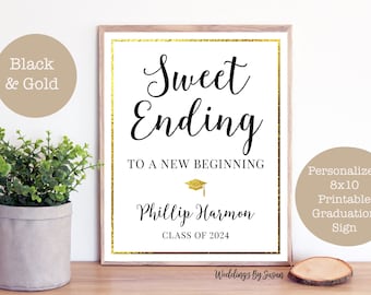 Sweet Ending to a New Beginning Printable Graduation Candy Bar, Cookie Bar, Dessert Sign, Black and Gold Foil, Class of 2024, You Print