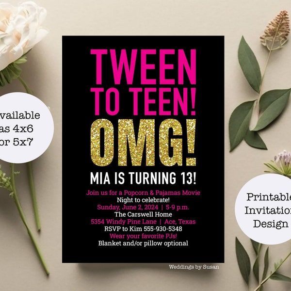 Custom Printable 4x6 or 5x7 Tween To Teen Girl's 13th Thirteen Birthday Party Invitation - Black, Hot Pink and Gold Glitter - You Print
