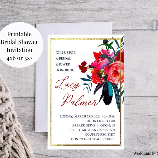 Jewel Tones 4x6, 5x7 Custom Printable Bridal Shower or Bachelorette Invitations, Red, Green, Blue Watercolor Floral and Feathers, You Print