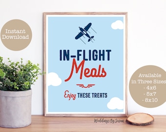 In Flight Meals 4x6 5x7, 8x10 Printable Boy's Airplane Food Table Sign, Enjoy These Treats, Navy Blue Light Blue Red, Instant Download