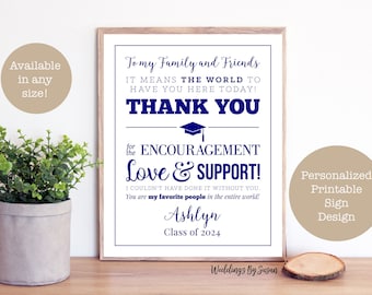 To My Family and Friends Graduation Printable 8x10 Thank You Sign, Navy Blue and White, Personalized, Class of 2024, High School or College