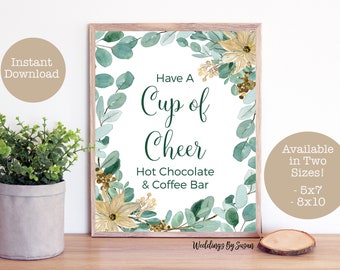 Cup of Cheer 5x7, 8x10 Printable Christmas Sign, Gold Poinsettias and Green Eucalyptus, Coffee and Hot Chocolate Bar, Instant Download