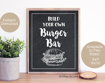 Build Your Own Hamburger Bar, 5x7, 8x10 Printable Chalkboard Burger Bar Sign, Baby Shower, Gender Reveal, Baby Q, Instant Download