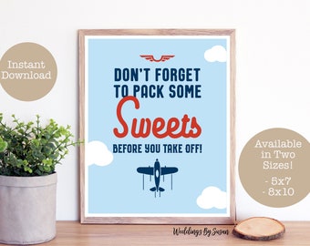 Don't Forget to Pack Some Sweets Before You Take Off  5x7, 8x10 Printable Airplane Baby Shower Favor Table Sign, Navy Blue, Light Blue, Red