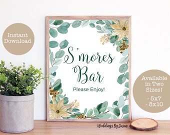 S'mores Bar 5x7, 8x10 Printable Christmas Party Sign, Gold Poinsettias and Eucalyptus, Winter Party, S'mores Station, Instant Download