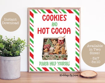 Cookies and Hot Cocoa Printable 5x7, 8x10 Christmas Party Hot Chocolate Bar Sign, Red and Green Peppermint Stripes, Instant Download