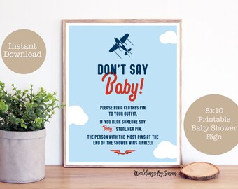 Don't Say Baby 8x10 Printable Boy's Airplane Clothes Pin Game Sign, Clothespin Game, Navy Blue Light Blue Red, Instant Download