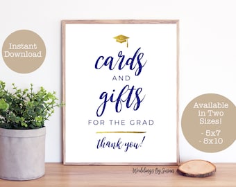 Cards and Gifts for the Grad 5x7, 8x10 Printable Graduation Party Sign, Navy Blue and Gold Foil, Instant Download, Class of 2024, You Print