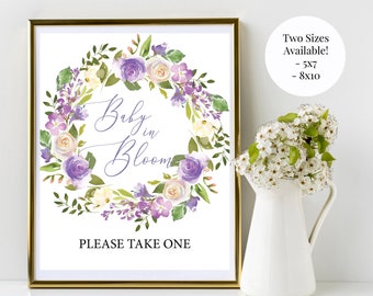 Lavender Bouquet Baby in Bloom 5x7, 8x10 Printable Girl's Baby Shower Sign, Seed or Plant Favors, Purple Lavender Watercolor Roses Wreath