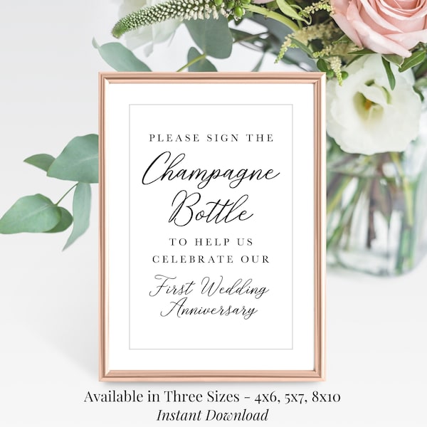 The Classic Collection Champagne Bottle Guest Book Sign 4x6, 5x7, 8x10 Printable Black and White Wedding Signs, Celebrate 1st Anniversary