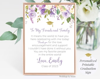 Lavender Bouquet To My Family and Friends Personalized Printable Graduation Party Sign, 5x7 or 8x10 Lavender Watercolor Floral Class of 2024