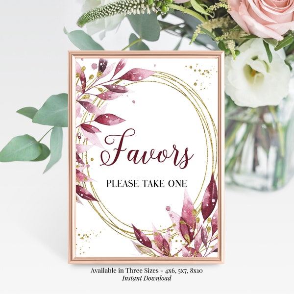 Rich Merlot and Gold Leaf Frame Favors 4x6, 5x7, 8x10 Printable Sign, Wedding Reception, Bridal Shower, Please Take One, Instant Download