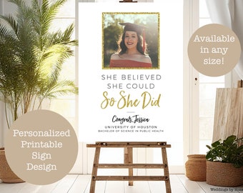 She Believed She Could So She Did Personalized Printable Gold Glitter Graduation Sign, Any Size, with Graduate's Photo, Class of 2024