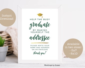 Graduation Party 5x7, 8x10 Printable Sign, Address an Envelope, Green and Gold Foil, Class of 2024, High School or College, Instant Download