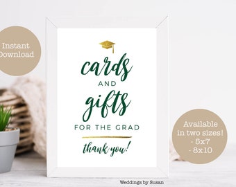 Cards and Gifts for the Grad 5x7, 8x10 Printable Graduation Party Sign, Green and Gold Foil, Instant Download, Class of 2024, You Print