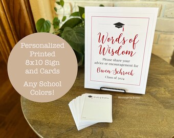 Words of Wisdom 8x10 Personalized Graduation Printed and Shipped Sign and Matching Advice Cards, Any School Colors, Class of 2024
