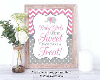 Baby Girls Are So Sweet Please Take A Treat 4x6, 5x7 Printable Elephant Baby Shower Candy Buffet Sign in Pink Chevron and Gray Polka Dots