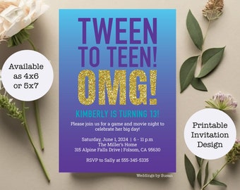Custom Printable 4x6 or 5x7 Tween To Teen Girl's 13th Thirteen Birthday Party Invitation - Purple, Aqua and Gold Glitter - You Print