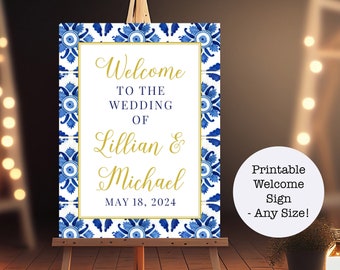 Custom Personalized Printable Wedding Welcome Sign, 8x10, 11x14, 18x24, 20x30, 24x36 Blue and White Mexican Tiles, Fiesta, Any Accent Color