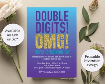 Custom Printable 4x6 or 5x7 Double Digits OMG Girl's 10th Tenth Birthday Party Invitation - Purple, Aqua and Gold Glitter - You Print