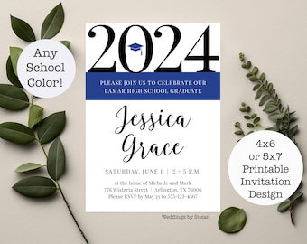 Graduation Party 4x6 or 5x7 Custom Personalized Printable Invitations - Custom School Color Accent, College High School, Class of 2024