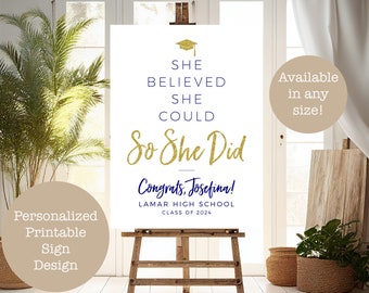She Believed She Could So She Did Personalized Printable Navy Blue Gold Glitter Graduation Sign, Any Size High School College Class of 2024