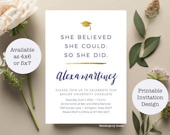 She Believed She Could So She Did 4x6, 5x7 Navy Blue Gold Graduation Printable Invitations, High School, College Graduation, Class of 2024