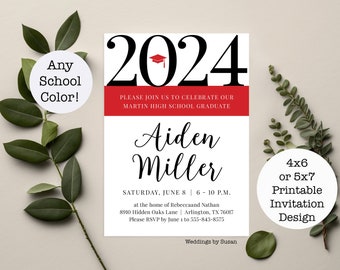 Graduation Party 4x6 or 5x7 Custom Personalized Printable Invitations - Custom School Color Accent, College High School, Class of 2024