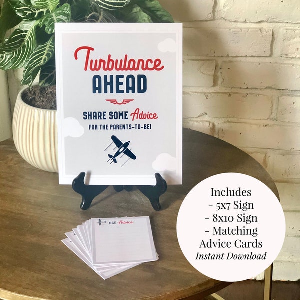 Turbulence Ahead Advice for Parents-to-be 5x7, 8x10 Printable Boy's Airplane Baby Shower Sign & Advice Cards Navy Blue Red Gray