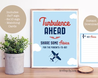 Turbulence Ahead Advice for Parents-to-be 5x7, 8x10 Printable Boy's Airplane Baby Shower Sign & Advice Cards Navy Blue, Light Blue, Red